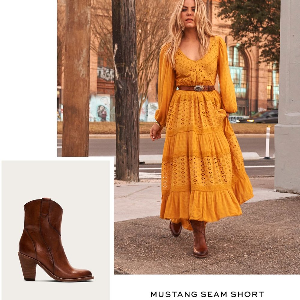 Frye Mustang Seam Short Cognac Brown Leather Cowboy Pull-on Heeled Ankle Bootie - Picture 2 of 15